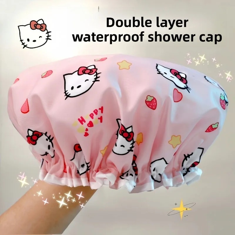 헬로 키티 프린트 더블 레이어 방수 샤워 캡 귀여운 만 - Travel Accessories In Japan 리뷰 및 가격